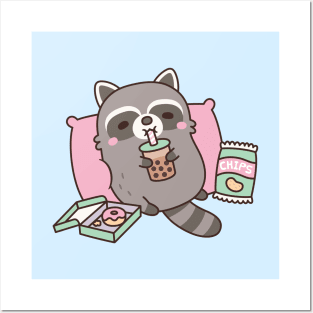 Cute Raccoon Chilling With Boba Tea And Snacks Posters and Art